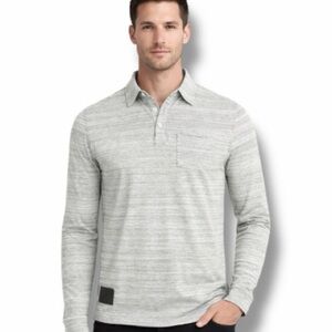 ZIMEGO Men’s Long Sleeve Knit Polo Shirt – Heather Gray Striped – Size M